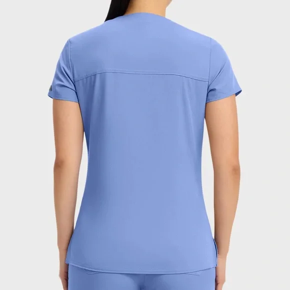2 Pack Med Couture V Neck Scrub Top Chest Pocket Tuck in Ciel Blue Uniform (2) - Picture 3 of 13